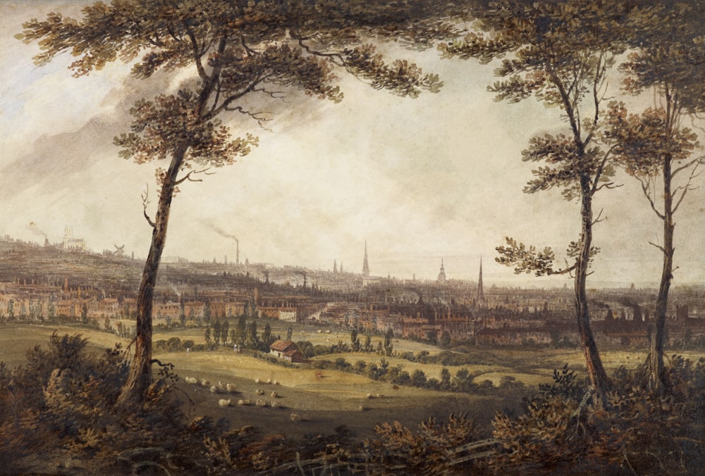 a painting of a city with lots of trees