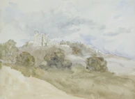 Artwork depicting a castle floating among clouds, bathed in twilight hues.
