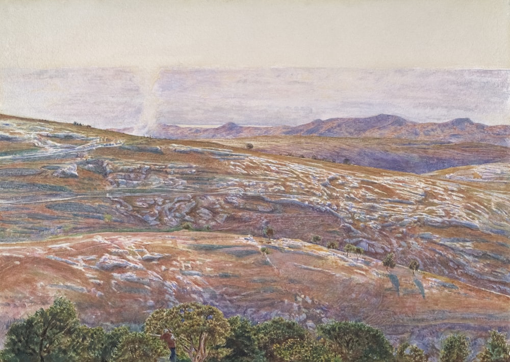 a painting of a landscape with hills and trees