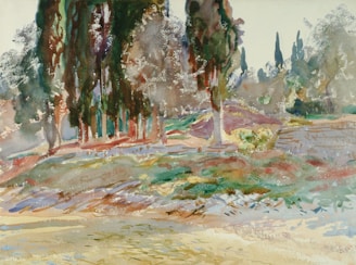A watercolor landscape painting featuring a cluster of tall, slender trees with a backdrop of softer, muted foliage. The ground is depicted with gentle brushstrokes of greens, blues, and earthy tones, suggesting a serene, natural setting.