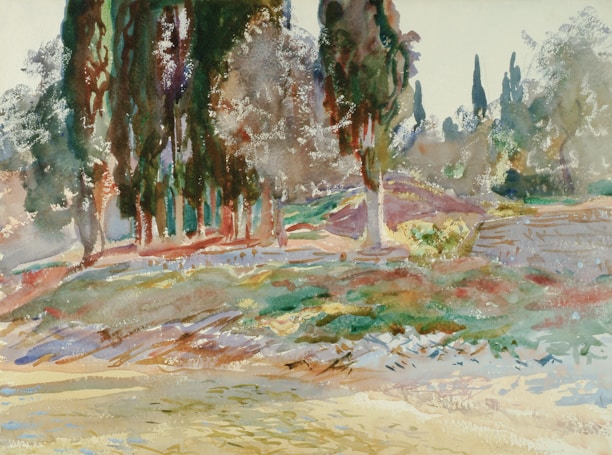 A watercolor landscape painting featuring a cluster of tall, slender trees with a backdrop of softer, muted foliage. The ground is depicted with gentle brushstrokes of greens, blues, and earthy tones, suggesting a serene, natural setting.