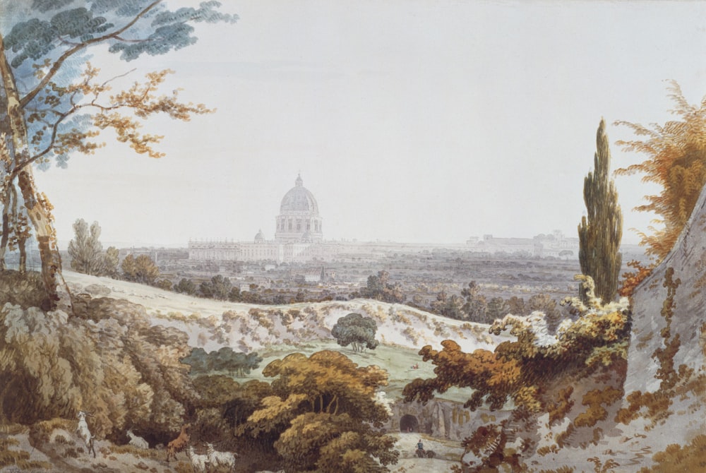 a painting of a view of a city from a hill