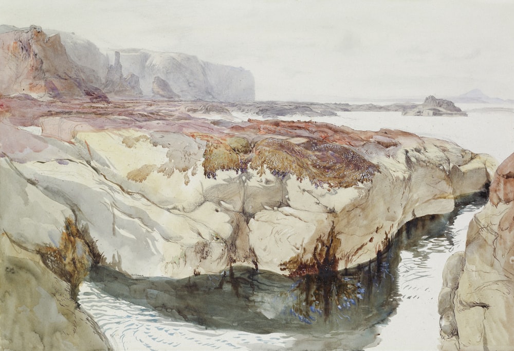 a painting of rocks and water in a body of water