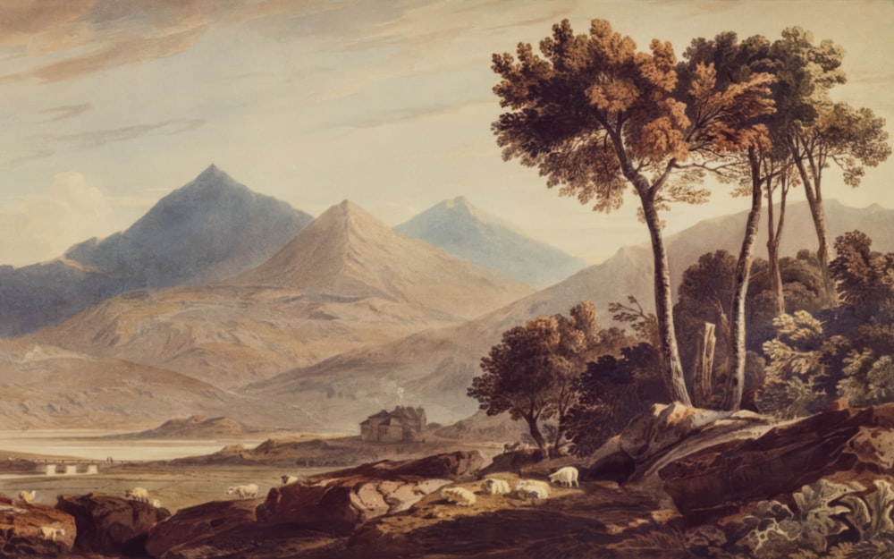 a painting of a mountain scene with sheep and trees