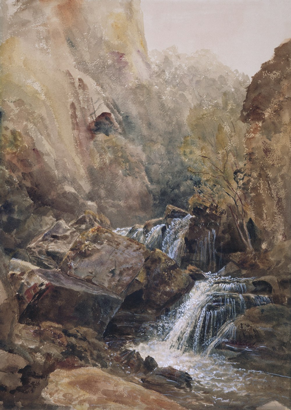 a painting of a waterfall in the mountains