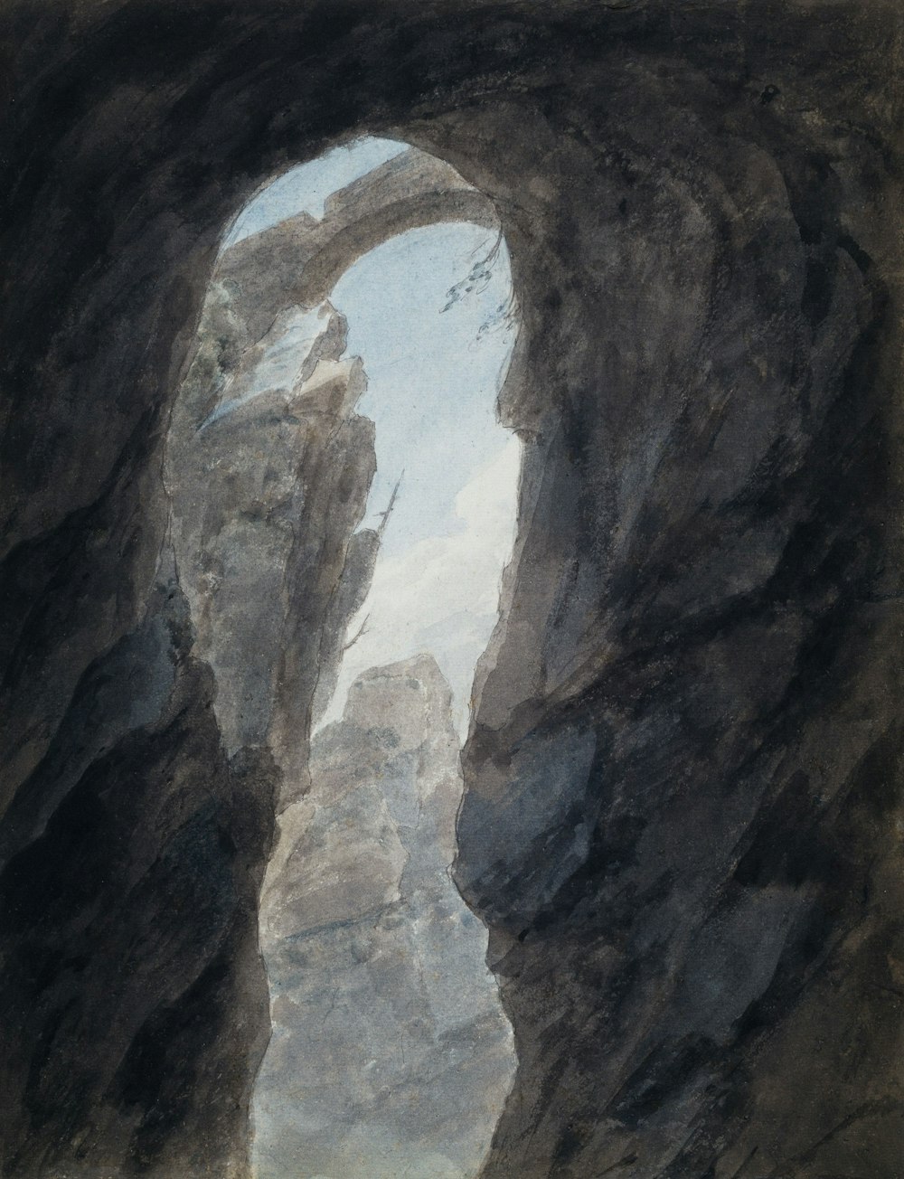 a painting of a man walking through a cave