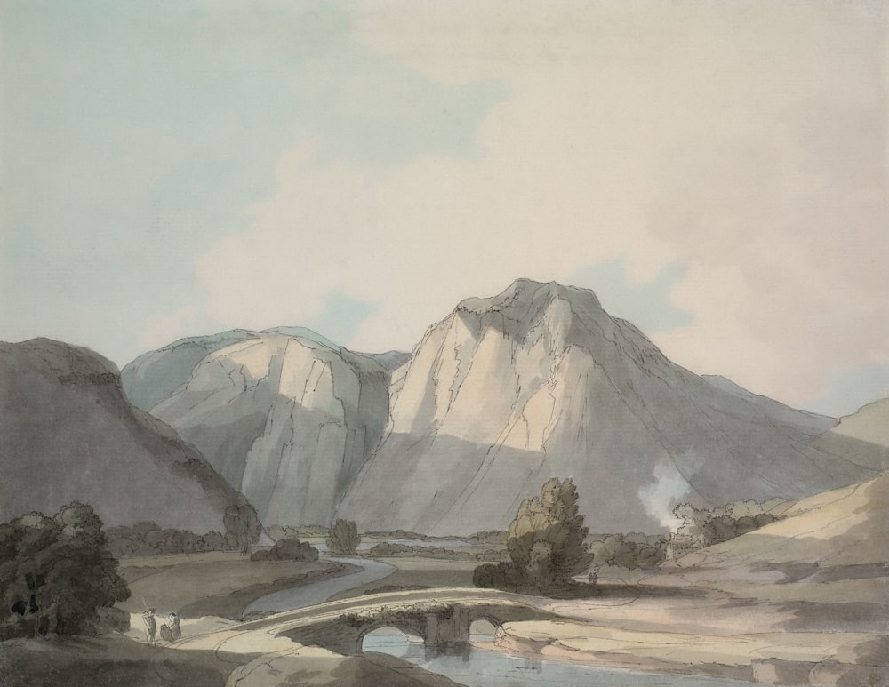 a painting of a mountain range with a river running through it