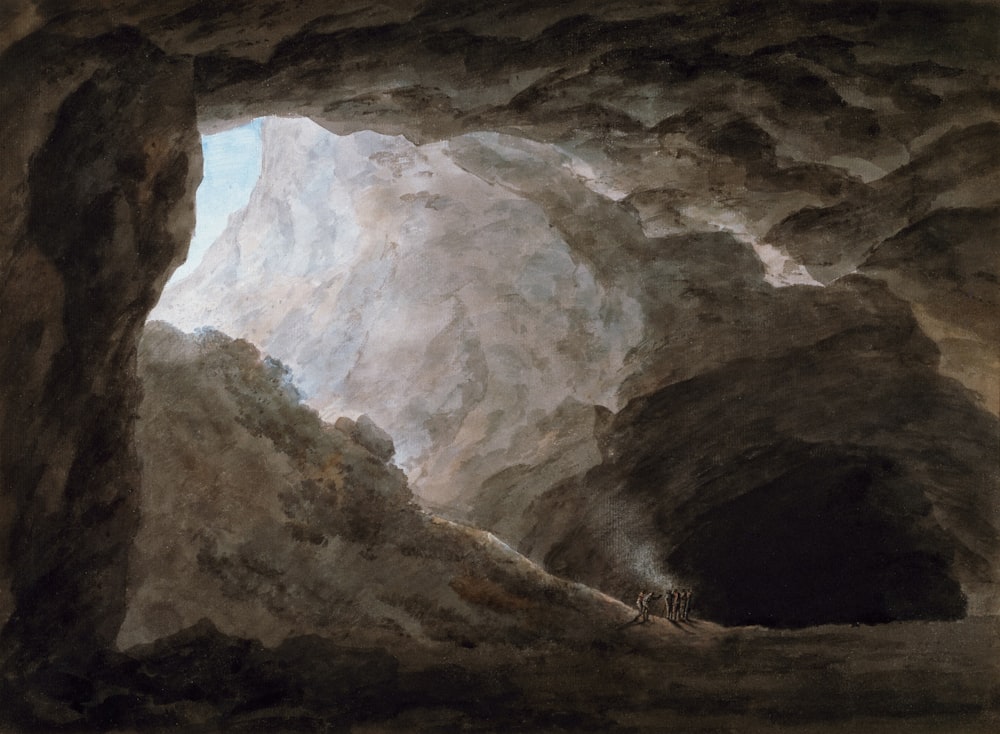 a painting of a cave with people inside