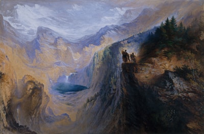 A detailed landscape painting featuring two figures standing on a rocky cliff overlooking a vast mountainous scene. The mountains are majestic and snow-capped in the distance, with a serene lake nestled amidst the peaks. Dense pine forests cover the right side, adding depth and texture to the rugged terrain.