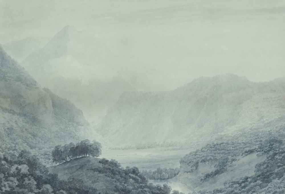 a painting of a mountain landscape with a river running through it