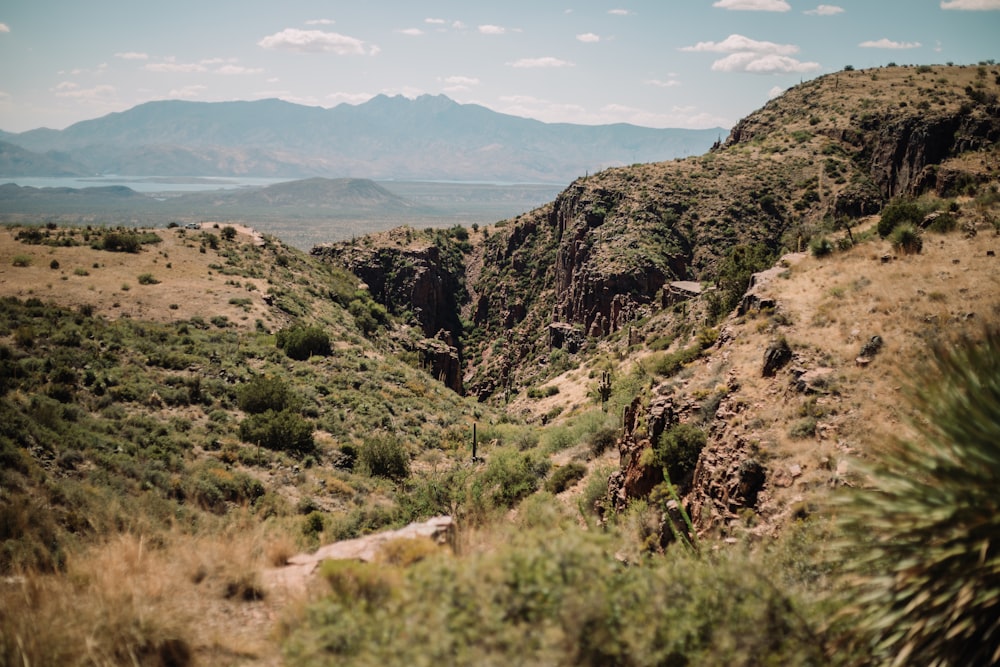 a view of a valley with mountains in the background