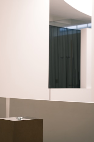 An interior space with minimalistic design, featuring smooth, pale-colored walls and a dark curtain in the background. A small sculpture or object is placed on a pedestal in the foreground, surrounded by clean lines and a modern aesthetic.