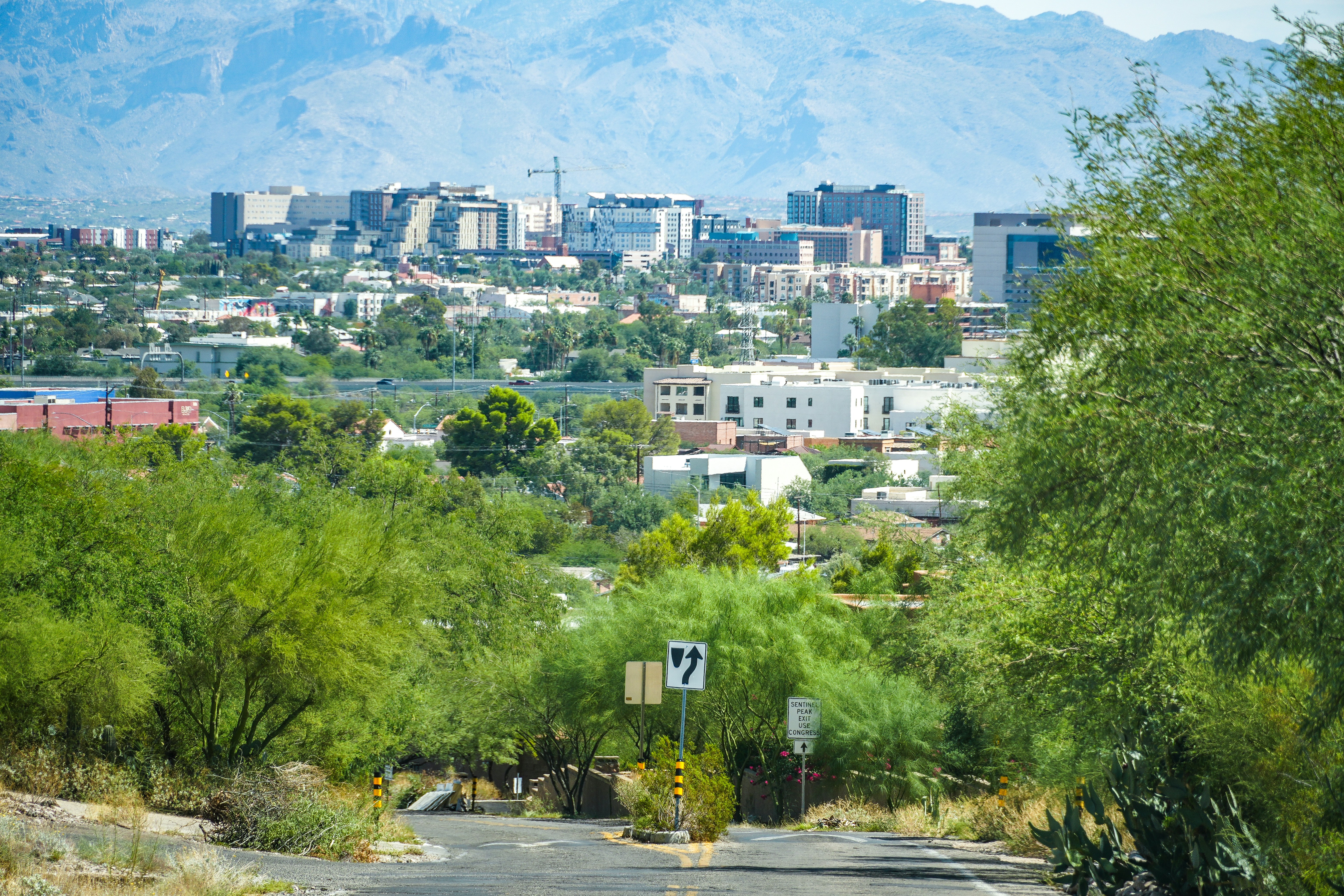 a view of a city with mountains in the background