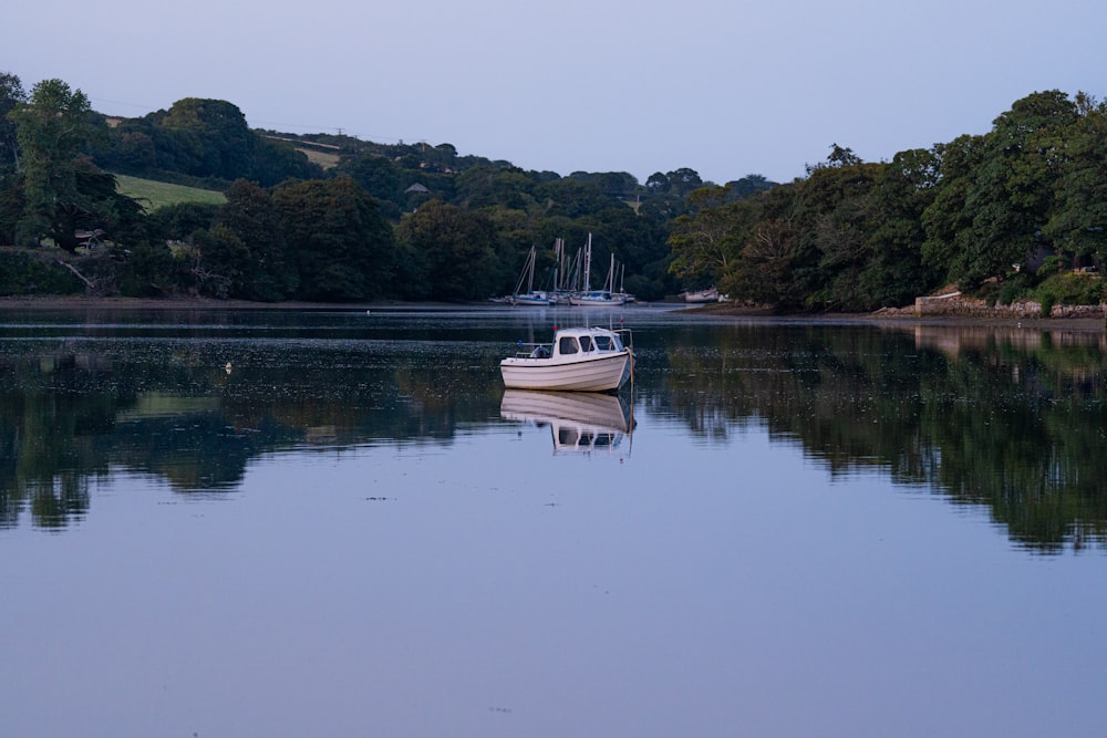 a white boat floating on top of a lake