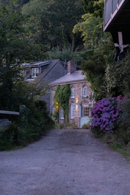 A quaint, rustic house is nestled amidst lush greenery and vibrant flowers. The stone facade is complemented by ivy trailing over the walls. Soft lighting emanates from the windows, creating a warm and inviting atmosphere. The pathway leading to the house is unpaved, surrounded by dense foliage on either side.