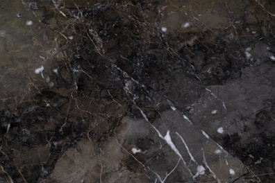 A dark marble surface featuring intricate patterns and veining with a combination of earthy and white tones. The texture is smooth with natural cracks and a polished finish.