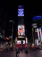 A busy urban scene featuring the iconic Times Square in New York City. Bright electronic billboards with advertisements, including prominent brands such as Coca-Cola, illuminate the area. People walk around and gather on the red steps beneath the billboards, creating a dynamic and lively atmosphere.