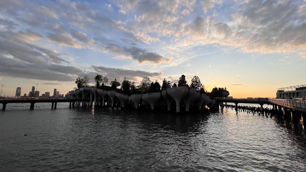 a body of water with a bridge in the background