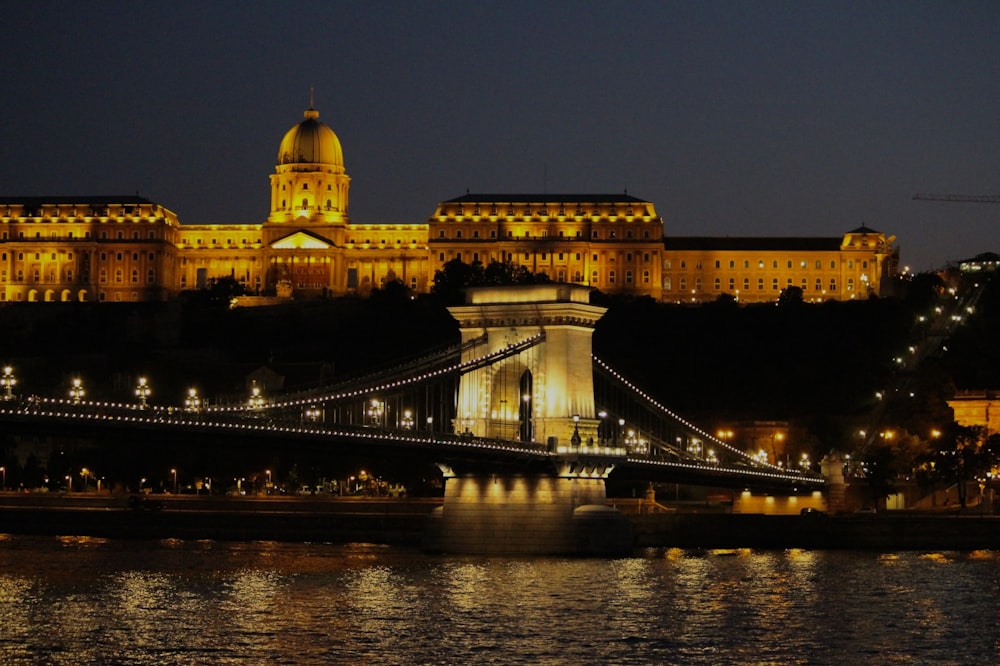 a night view of a bridge and a castle in the background