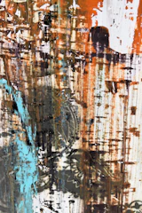 A vibrant abstract painting with bold brush strokes and contrasting black and white elements