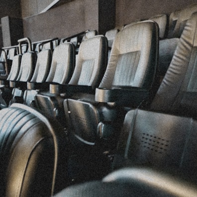 Rows of empty, comfortable-looking theater seats with a plush, padded design. The perspective focuses on the patterns and structure of the seats, highlighting the armrests and stitching details.