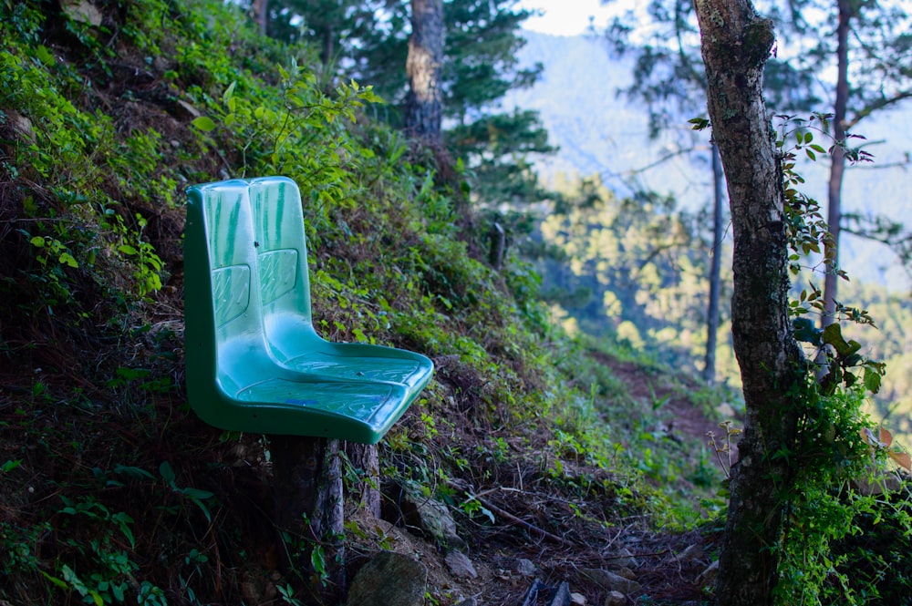 a plastic chair sitting on top of a tree stump