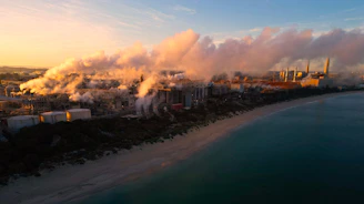 Industrial plant emitting clean air with visible mist and fresh surroundings at sunrise.