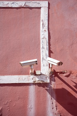 Two security cameras are mounted on a weathered, pinkish wall. The paint is peeling, revealing layers underneath, and the shadow of the cameras extends across the textured surface.