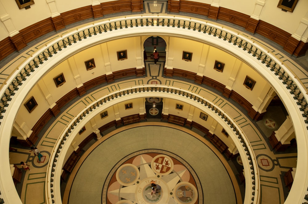 an overhead view of a clock in a building