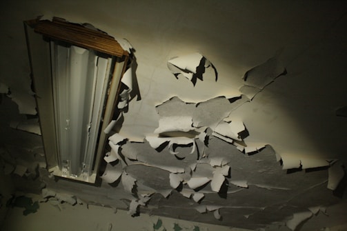 Old, decrepit ceiling with peeling paint, accompanied by a fluorescent light fixture with exposed tubes, conveying a sense of abandonment.