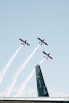 Three aerobatic airplanes with trailing smoke are seen flying in a formation against a clear blue sky. The focus is on the planes, and there is a faint outline of a large black structure at the bottom of the image, likely part of an aircraft.