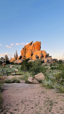 a large rock formation in the middle of a field