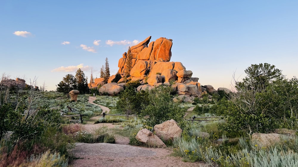 a large rock formation in the middle of a field