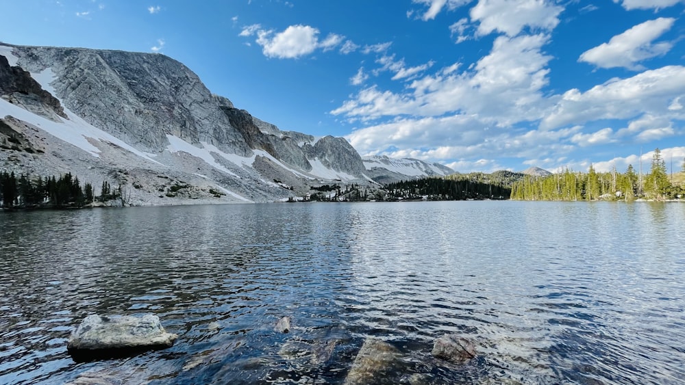 a mountain lake surrounded by snow covered mountains