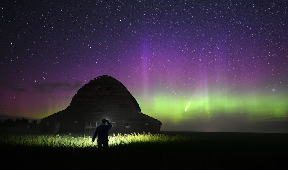 a man standing in a field under a purple and green sky