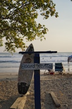 A surfboard with a 'Board Rental' sign is positioned upright on a sandy beach. In the background, people can be seen enjoying the waves, and a tree with green leaves provides partial shade. There's also a chair and some beach objects scattered around.