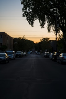 Sunset view over a quiet neighborhood street lined with trees.