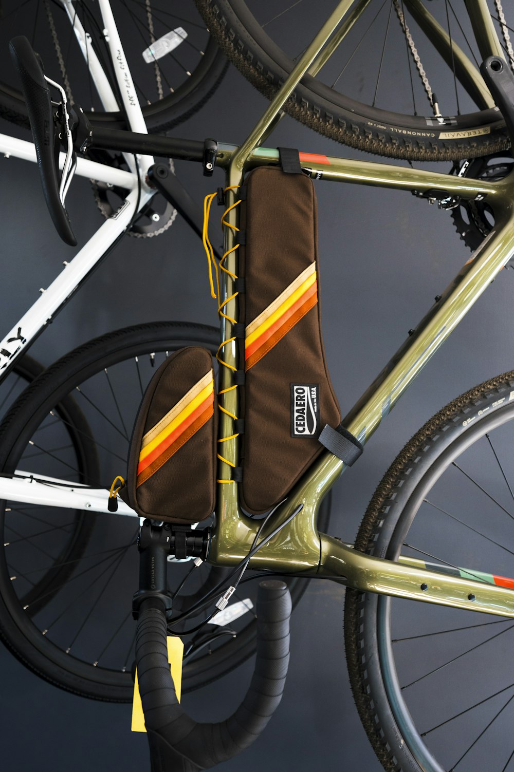 a close up of a bike with a bag attached to it
