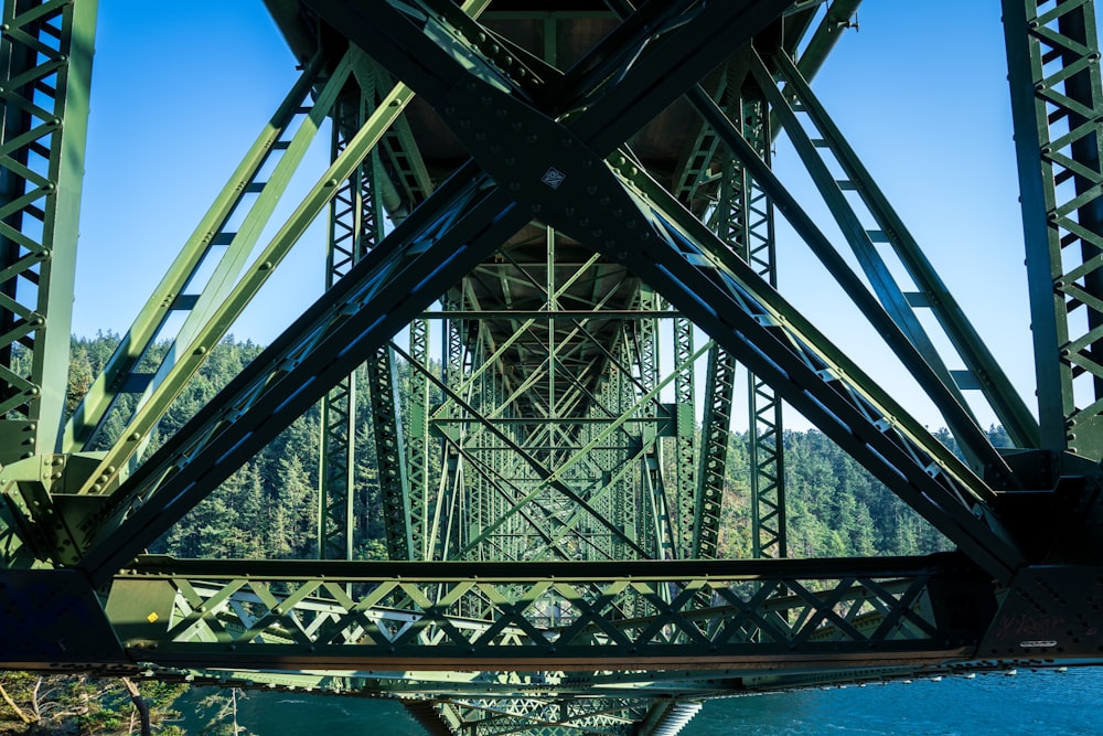 the underside of a bridge over a body of water