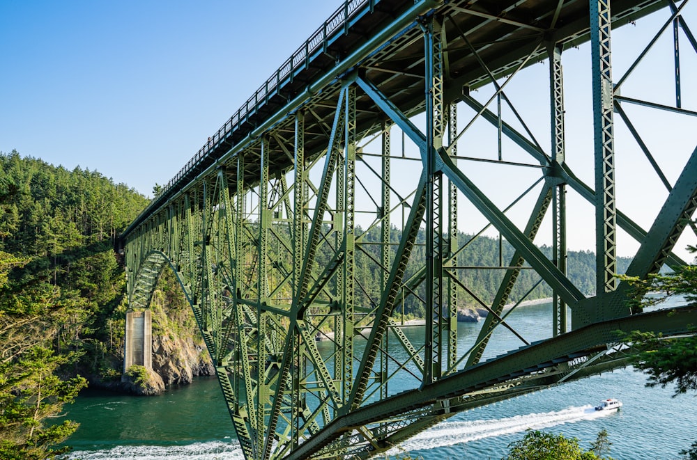 a boat traveling under a bridge on a river