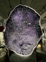 A large geode section reveals a sparkling, crystal-studded interior with a dominant purple hue. The geode is illuminated, enhancing the glittering effect of the crystals. It is displayed in a museum setting, with exhibits visible in the background under soft lighting.