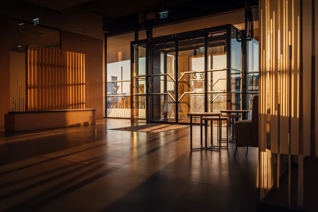 Timber and Glass Entrance — commercial glass partition interior design