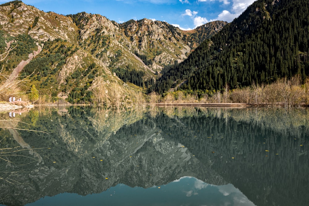 a mountain range is reflected in the still water of a lake