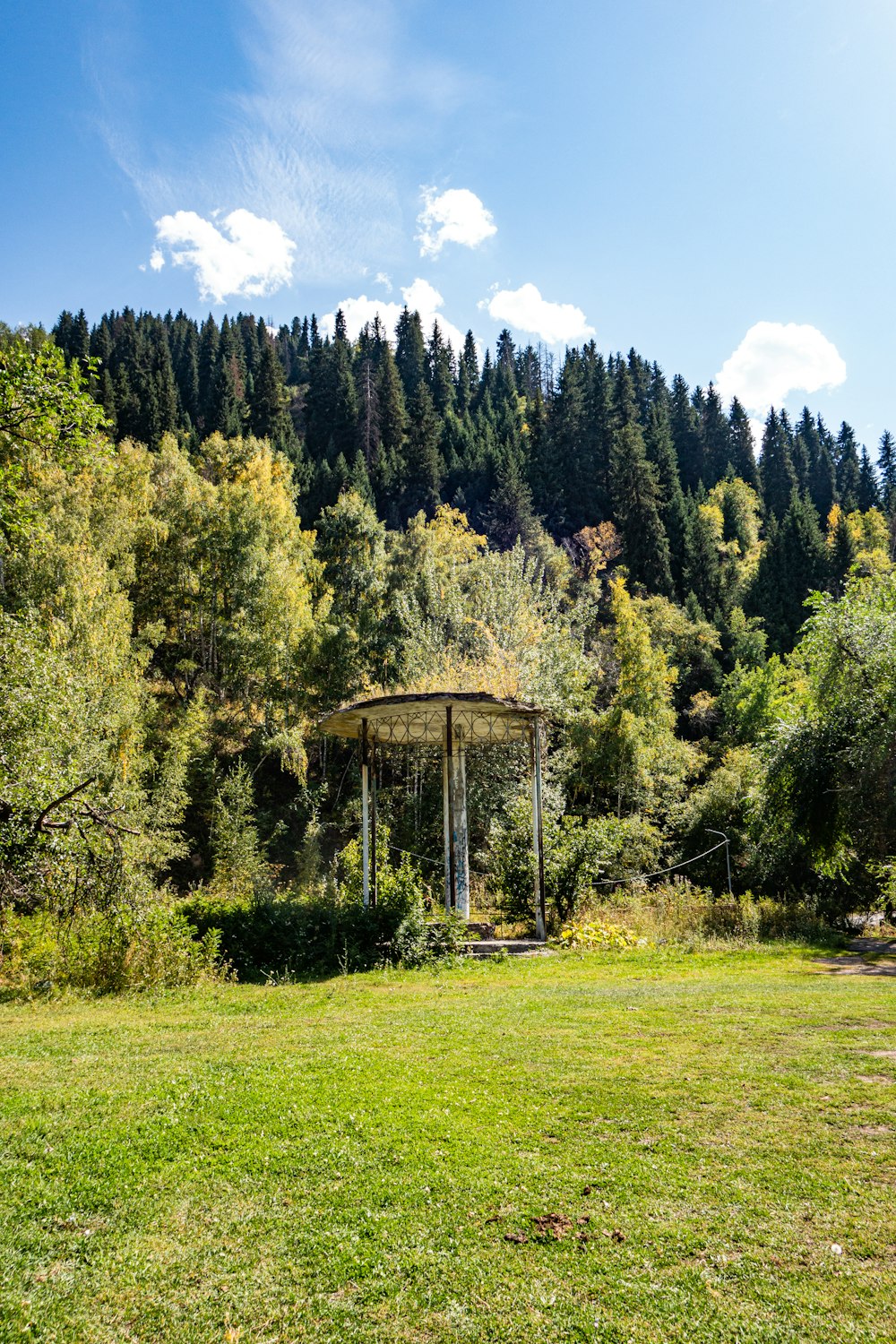 a gazebo in the middle of a field with trees in the background