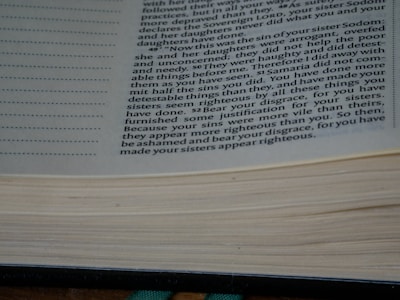 A close-up image of an open book showing text written in black ink on cream-colored pages. The focus is on the text, which occupies the right side of the page, with some punctuating lines on the left margin. The pages appear to be slightly curved and there is a green bookmark visible in the lower portion.