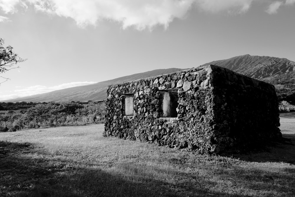 uma foto em preto e branco de um edifício de pedra