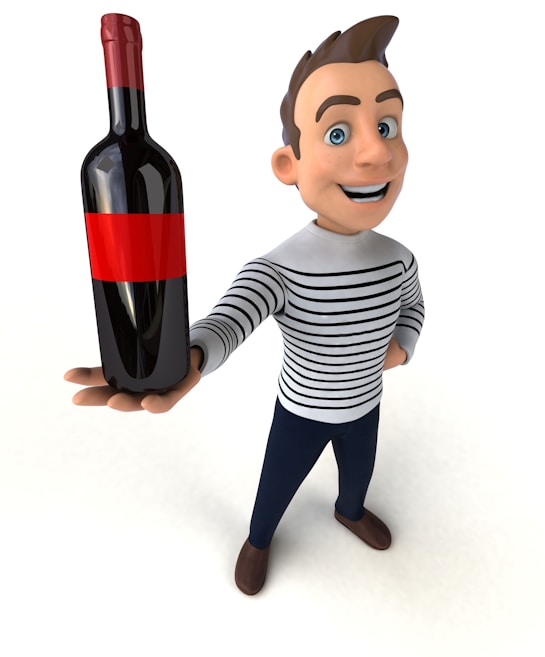 A cartoon character with animated features is holding a bottle of red wine. The character is wearing a striped shirt, dark pants, and brown shoes, with a cheerful expression and styled brown hair.