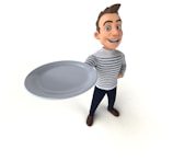 A cartoon-style character with brown hair and blue eyes is smiling while holding a large, empty plate. The character is wearing a white and black striped shirt, dark pants, and brown shoes. The overall posture suggests a welcoming gesture.