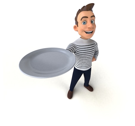 A cartoon-style character with brown hair and blue eyes is smiling while holding a large, empty plate. The character is wearing a white and black striped shirt, dark pants, and brown shoes. The overall posture suggests a welcoming gesture.