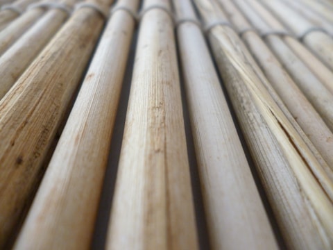 A close-up view of several bamboo sticks arranged parallel to each other, displaying a range of light brown and beige shades with visible natural textures and grains.